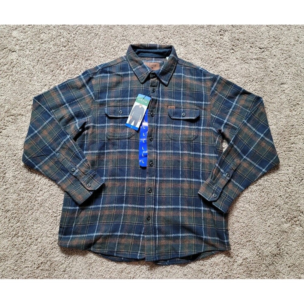 Orvis Blue Green Heavyweight Cotton Flannel Shirt Long Sleeve Plaid Collar New